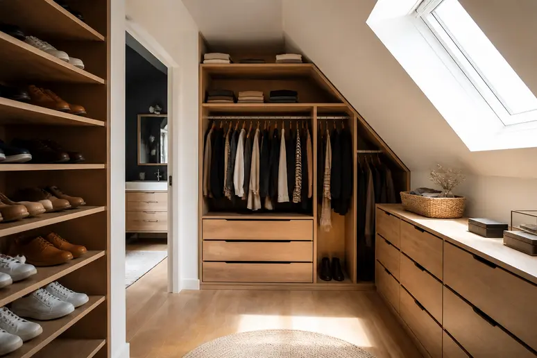 Dressing sur mesure optimisant l'espace d'un amenagement sous pente.