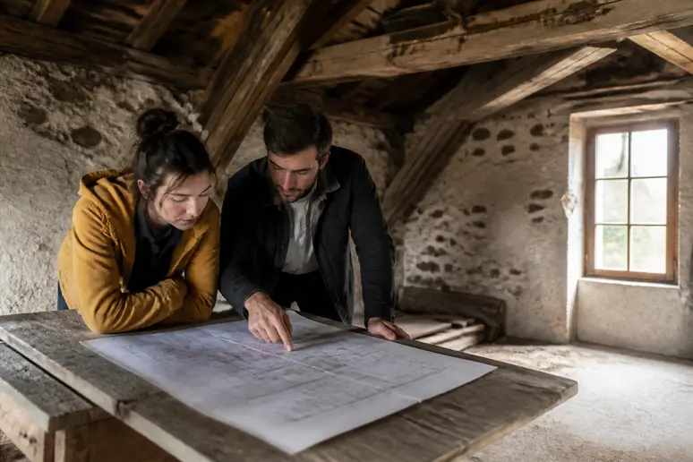 Couple discutant des plans pour estimer le budget afin d'aménager des combles