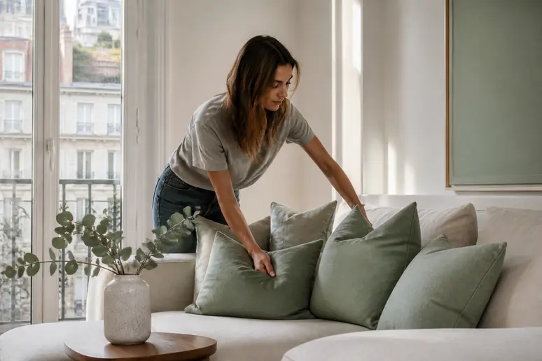 Une femme arrange des coussins couleur vert sauge sur un canapé dans un salon moderne.