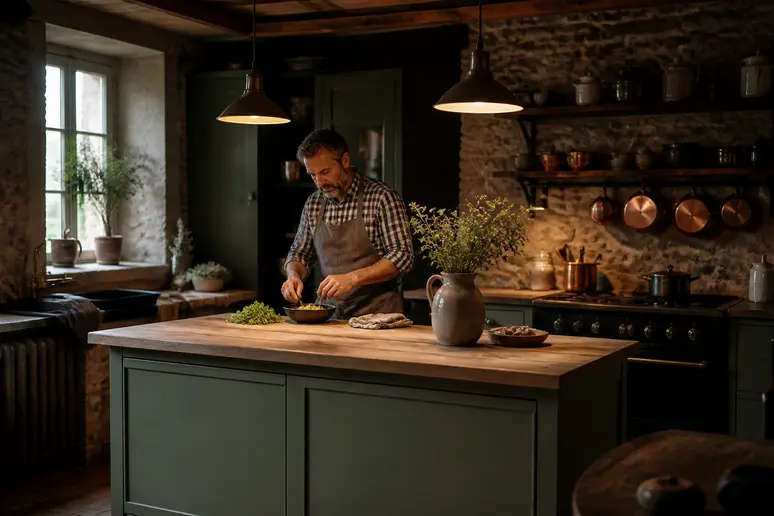 Cuisine faiblement éclairée mettant en valeur des meubles vert sauge sous une lumière chaleureuse.