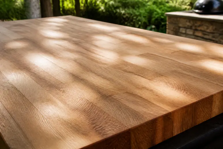 Plan de travail en bois traité pour extérieur, parfait pour une cuisine d été extérieure.