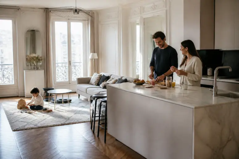 Famille partageant un moment convivial dans une cuisine ouverte sur salon, délimitée par un îlot.
