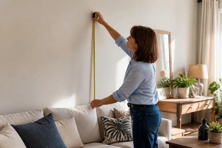 Une femme ajuste la hauteur d'un tableau pour une parfaite deco murale salon.
