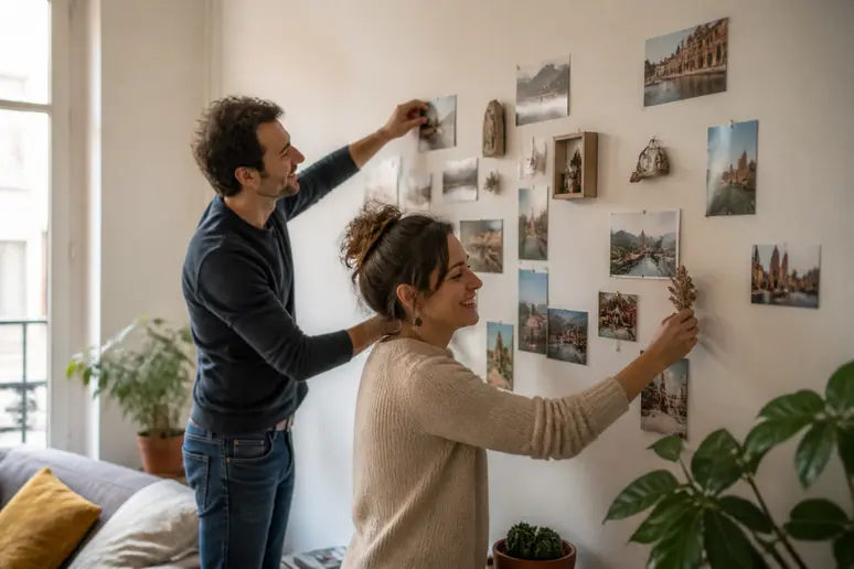 Couple crée une galerie personnalisée pour une deco murale salon chaleureuse.