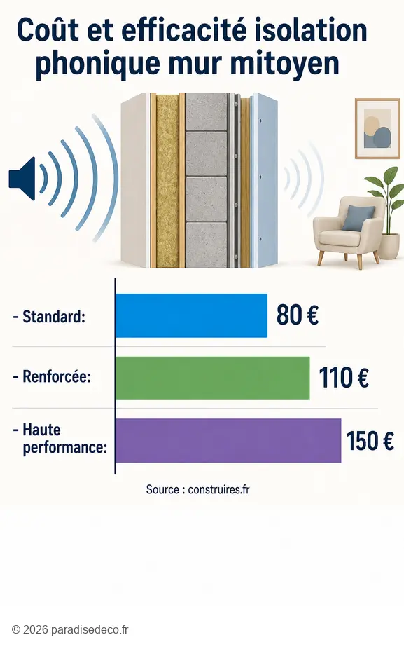 Comparaison des coûts d'isolation phonique pour un mur mitoyen par solution.