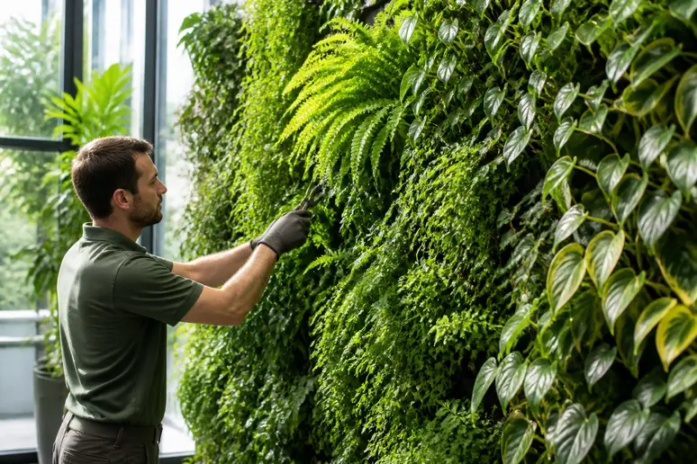 Entretien minutieux d'un mur végétal intérieur pour garantir sa longévité.