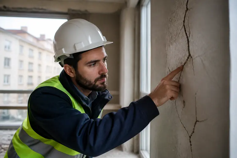 Expert examinant les fissures d'un mur porteur suite à une mauvaise intervention.
