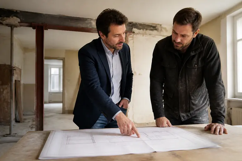 Architecte et entrepreneur discutant des plans pour sécuriser l'ouverture d'un mur porteur.
