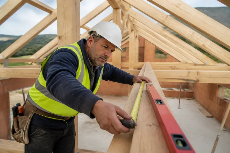 Calcul de la pente toiture par un ouvrier professionnel sur un chantier lyonnais.