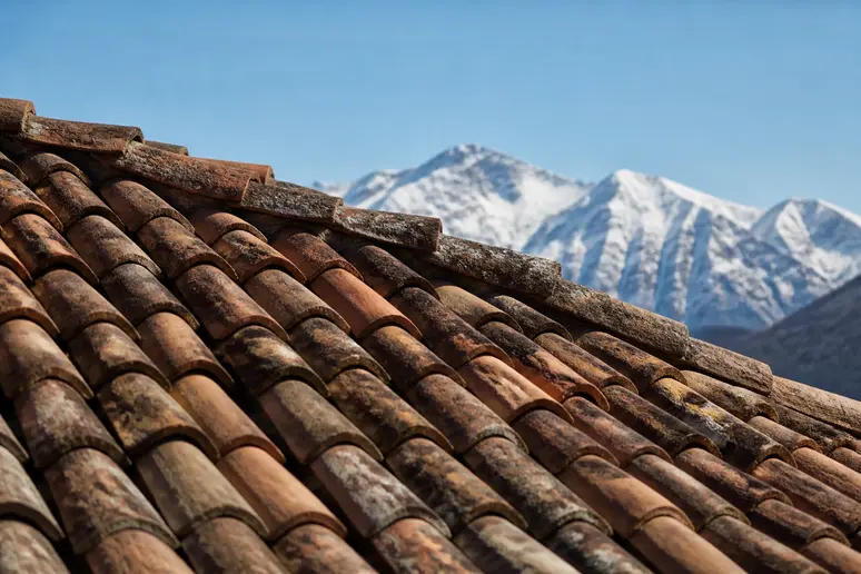 Tuiles en terre cuite sur une toiture avec pente adaptée à la région alpine.