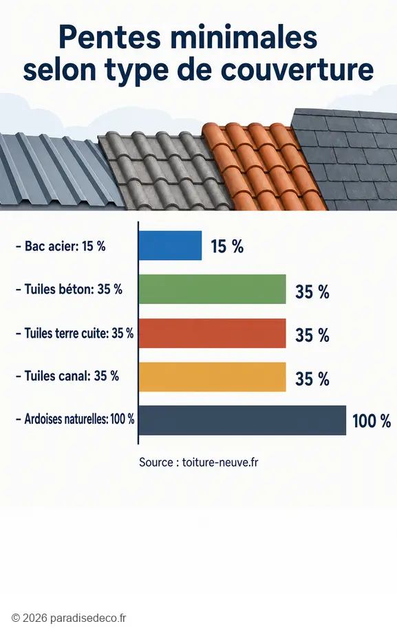 Comparatif des pentes minimales de toiture par type de couverture, essentiel pour le calcul de votre pente toiture.