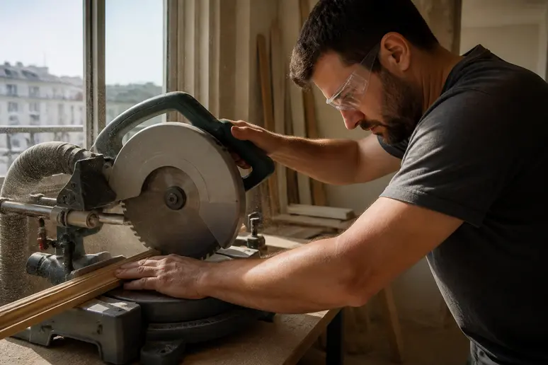 Un bricoleur utilise une scie à onglet pour découper une plinthe en bois à 45° afin de poser des plinthes impeccables.