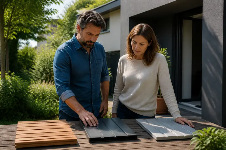 Choix des matériaux pour un carport : bois, acier, aluminium, une famille discute du prix carport.