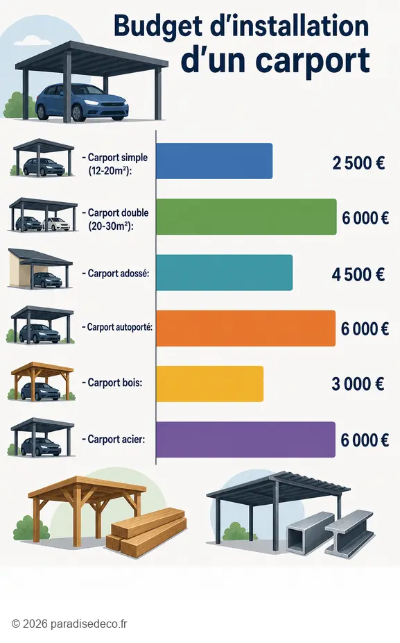 Comparaison du prix carport selon le type : simple, double, adossé, autoporté, bois et acier.