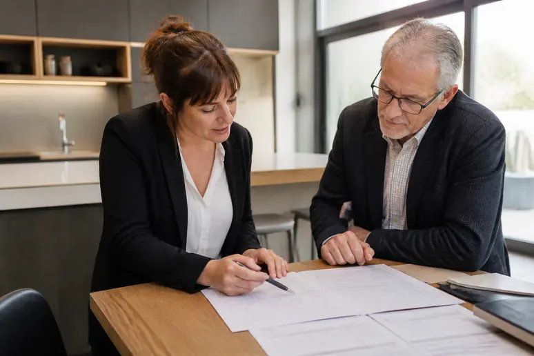 Designer expliquant la facture d'une cuisine équipée à un client, TVA et prix cuisine equipee.