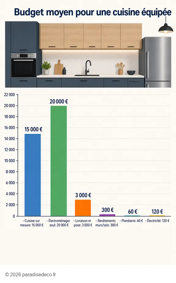 Synthèse des prix pour estimer le budget d'une cuisine équipée : coûts des meubles, électroménager, pose et travaux.