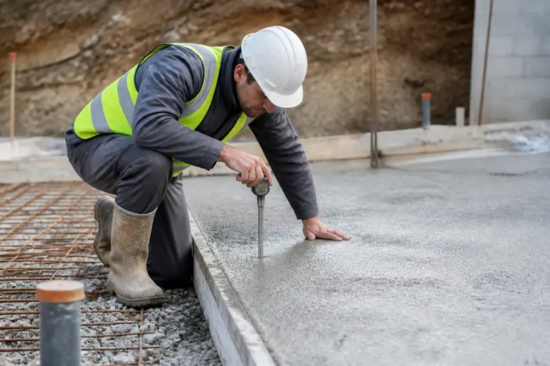 Professionnel mesurant l'épaisseur d'une dalle en béton pour optimiser le prix dalle beton.
