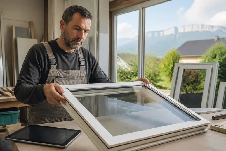 Artisan étudiant les spécifications techniques d'une fenêtre double vitrage PVC pour en estimer le prix.