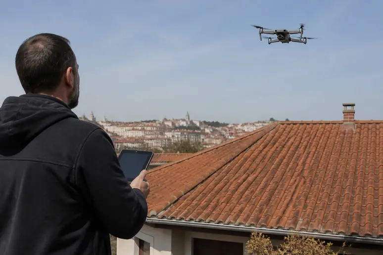 Prix nettoyage toiture : un drone survole un toit résidentiel sous le contrôle d'un technicien au sol.