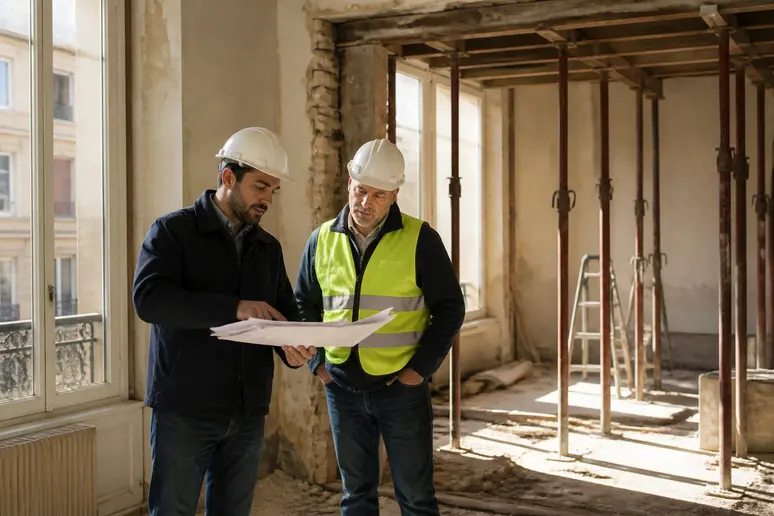 Ingénieur évaluant le prix ouverture mur porteur sur un chantier à Lyon.