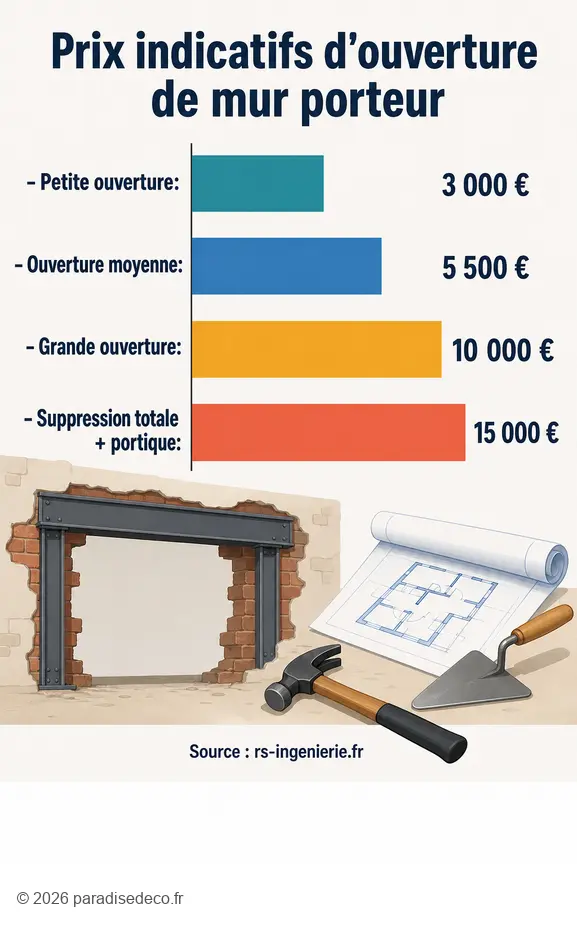Comparatif des prix indicatifs pour une ouverture de mur porteur selon sa taille.