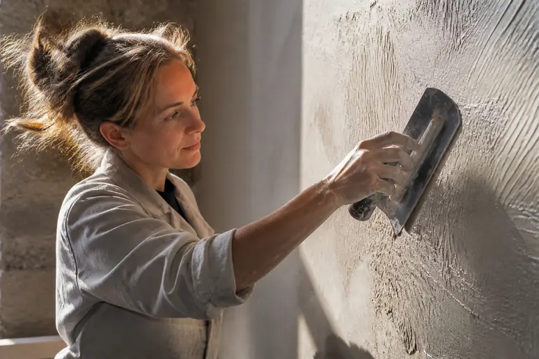 Artisane créant une finition texturée, impactant le prix de la peinture au m2.