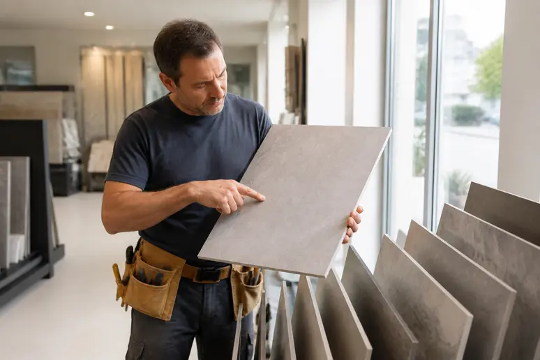 Artisan expérimenté vérifiant la texture d'un grand carreau, impact sur le prix pose carrelage.