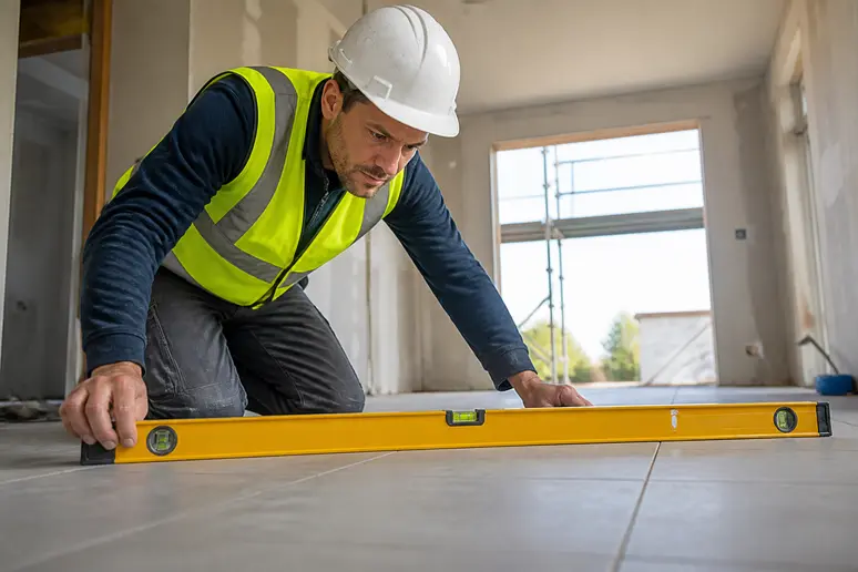 Professionnel vérifiant la planéité d'un carrelage posé, respect des règles pour le prix pose carrelage.