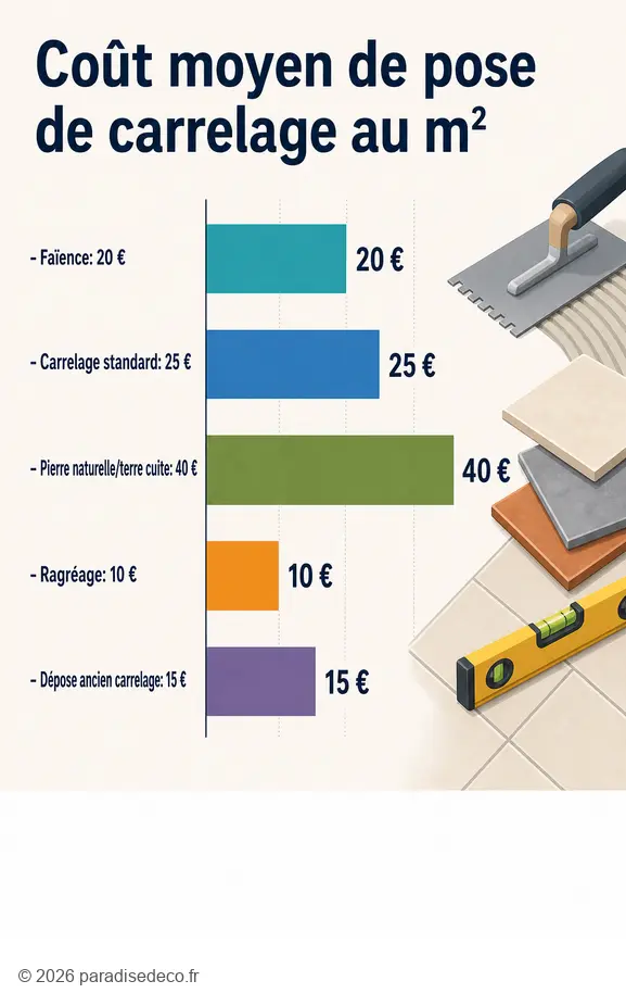 Comparatif du prix de pose de carrelage au m² pour divers matériaux et travaux annexes.
