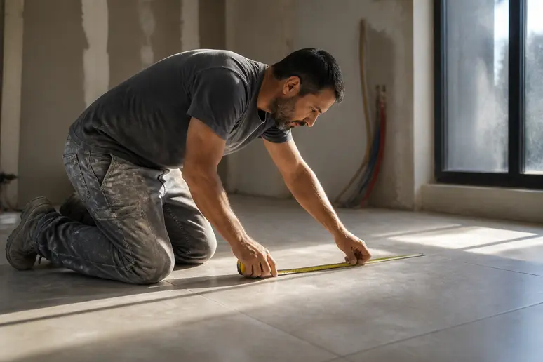 Artisan carreleur à Lyon mesurant une surface, prix pose carrelage m2 visible.
