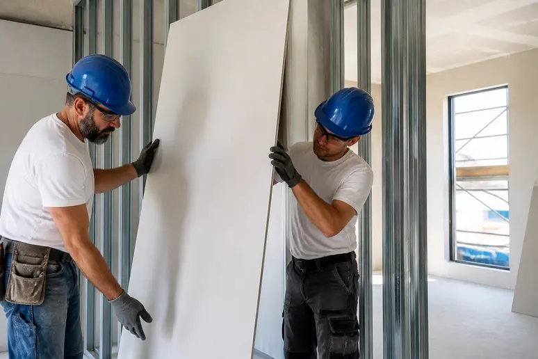 Plaquistes qualifiés travaillant ensemble sur un chantier, prix pose placo m2.
