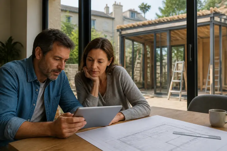 Couple discutant des coûts additionnels pour une véranda de 20m2, plans en main.