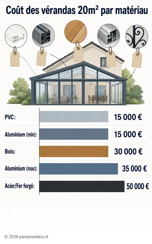 Tableau comparatif du prix veranda 20m2 selon les matériaux : PVC, aluminium, bois, acier.