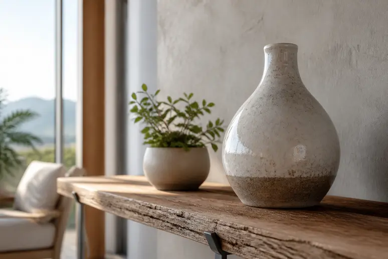 Vase en céramique artisanale et plante verte, parfaits pour une ambiance Japandi.