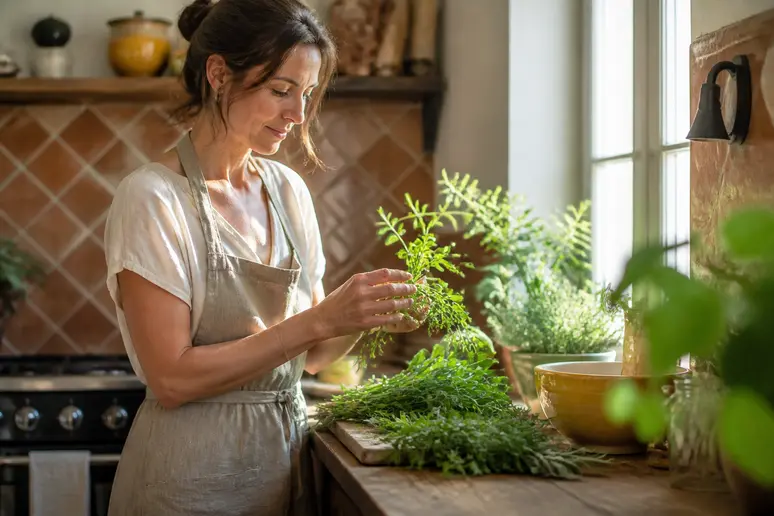 Cuisine chaleureuse avec murs terracotta, accents jaune moutarde et verdures, une femme y travaille.