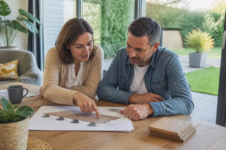 Couple français observant les avantages et limites d'une terrasse sur plot pour leur projet extérieur.
