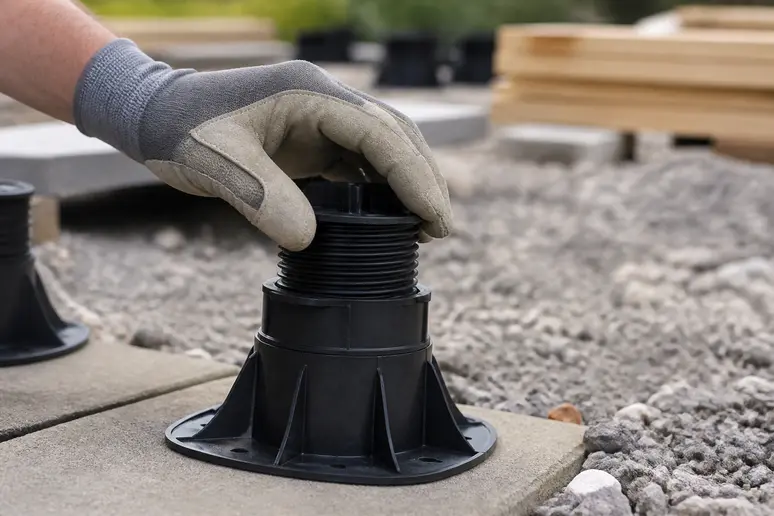 Main ajustant un plot réglable pour une installation de terrasse sur plot, garantissant une pose durable.