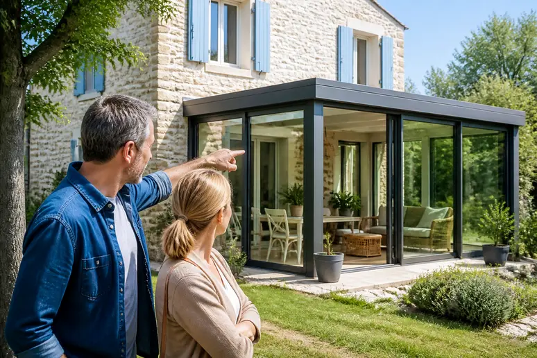 Couple français admirant l'intégration harmonieuse d'une veranda moderne à leur habitation.