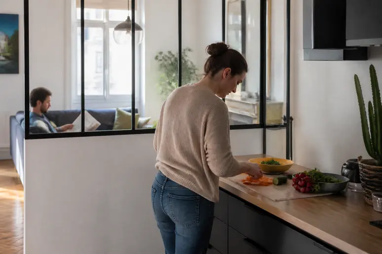 Une verrière cuisine sur muret délimite un espace bar convivial, séparant la cuisine du salon avec lumière naturelle.