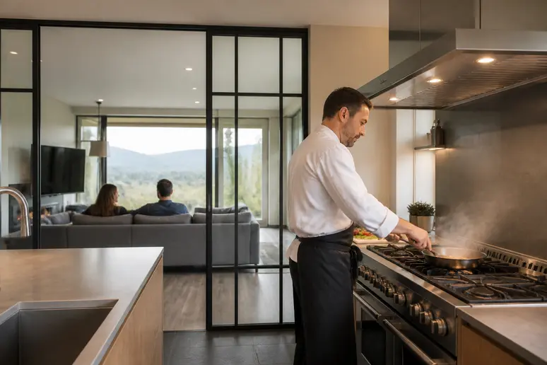 Installation d'une hotte performante dans une cuisine moderne avec verrière, gérant odeurs et bruit.