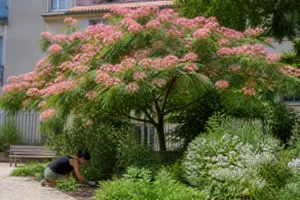 Albizia julibrissin floraison dans un jardin arboré avec des fleurs roses en été à Lyon