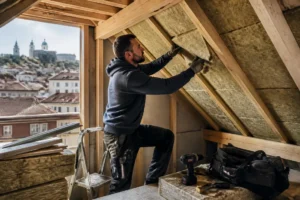 artisan installant de la laine de verre sous toiture pour des conseils travaux isolation