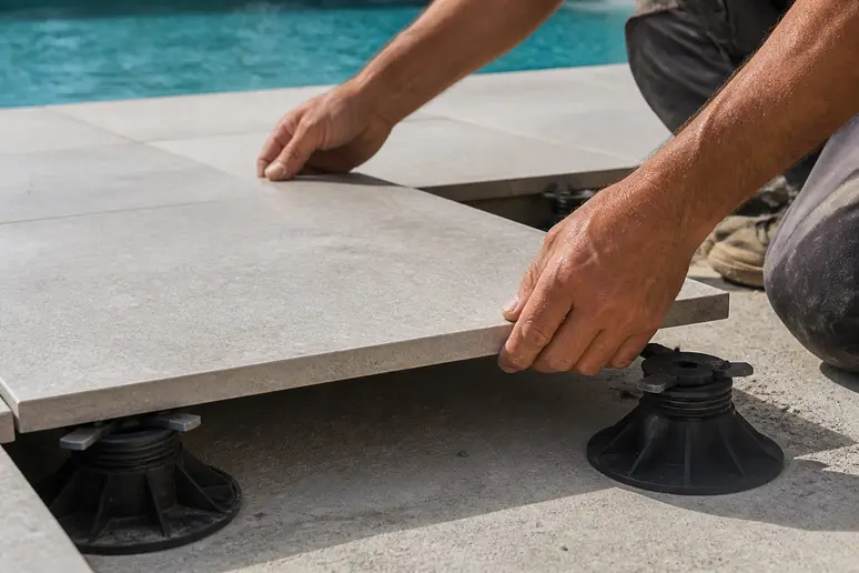 Pose de carreaux épais de 2 cm sur plots pour la plage extérieure d'une piscine