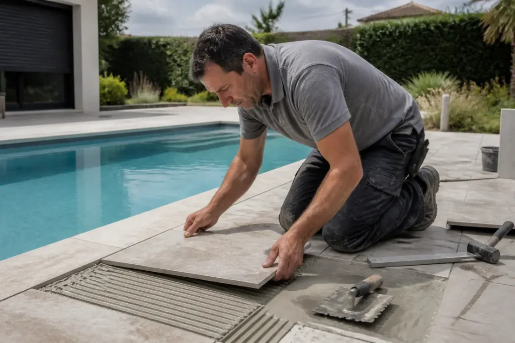 artisan posant un carrelage antidérapant R11 pour bien choisir carrelage de piscine lors d'une rénovation extérieure