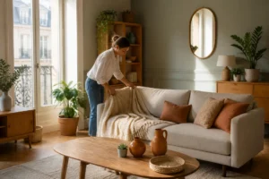 Intérieur chaleureux à Lyon illustrant des associations couleurs vert d'eau avec des tons boisés et terracotta
