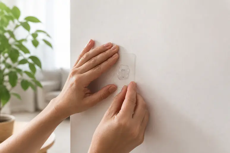 Pose d'un crochet adhésif invisible pour décorer un mur vide dans un salon sans percer