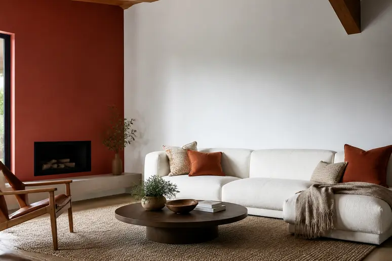 Mur blanc de salon dynamisé par une peinture murale de couleur profonde et chaleureuse