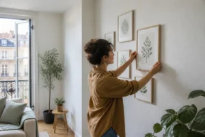 Idée pour décorer mur vide dans un salon lumineux avec des cadres légers sans percer