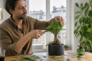 ficus micro ginseng entretien réalisé par un propriétaire dans un salon lumineux à Lyon