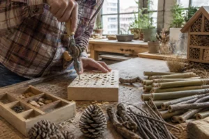 artisan perçant du bois brut pour préparer des matériaux hôtel à insectes dans son atelier